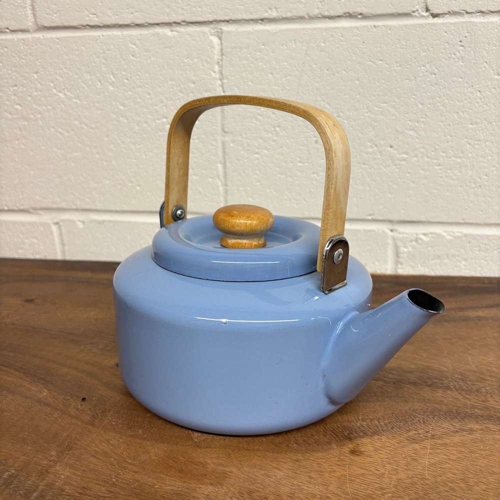 Vintage Pastel Blue Enamel Teapot with Natural Wood Handle